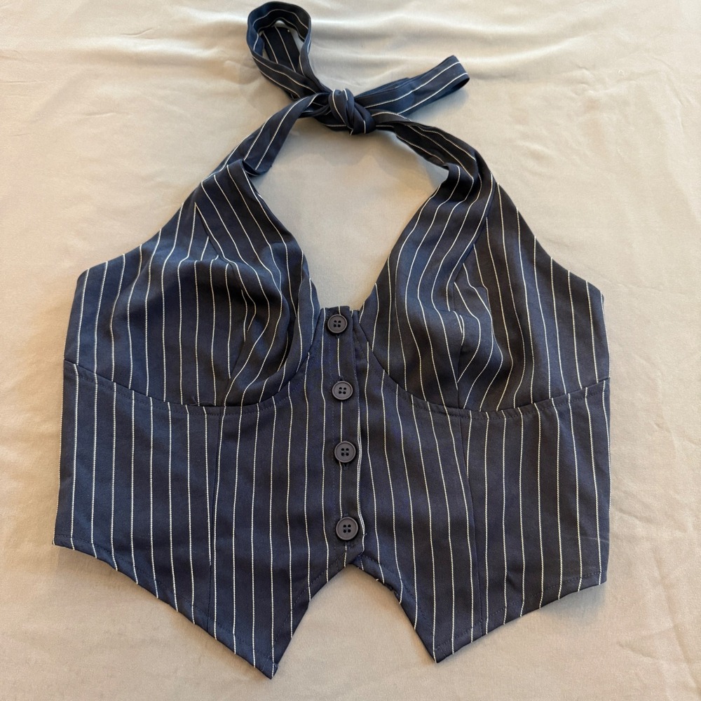 SHEIN Navy Blue Pinstripe Halter Neck Button Front Waistcoat Vest Top Small
